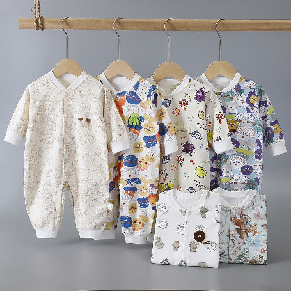 Infant and toddler pure cotton class a onesies, spring and autumn styles, long-sleeved rompers for baby boys and girls, seamless cartoon hooded pajamas, children's clothing