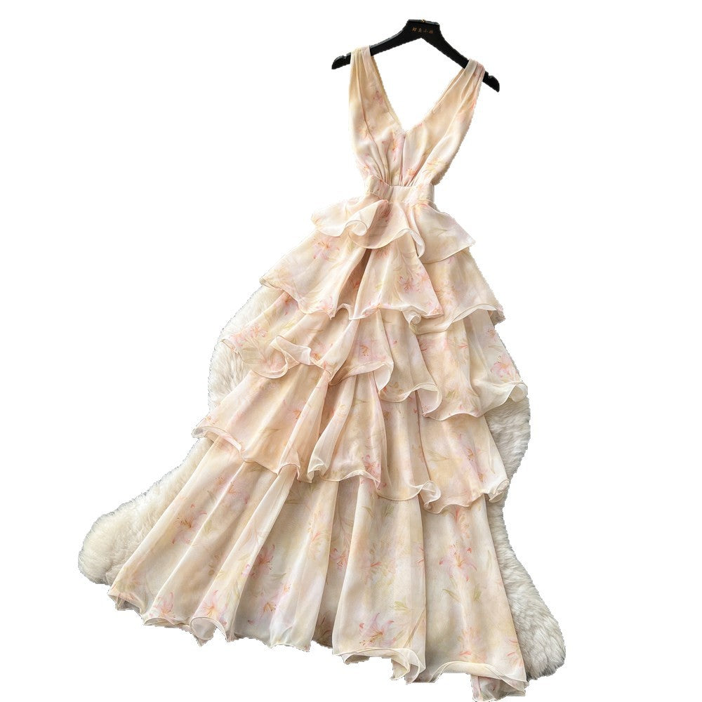Frenchromantic style v neckhalter floral dress female summerk-style sleeveless ruffles cake skirt slimming look