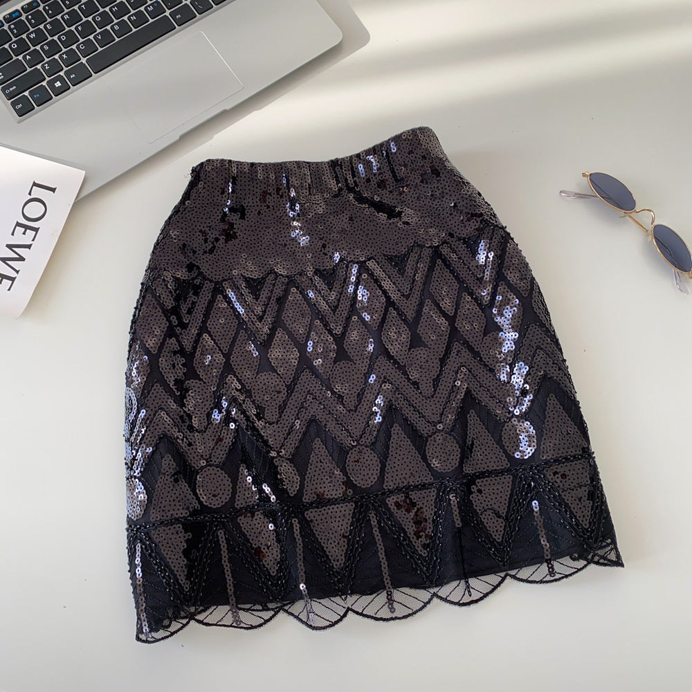 Influencer-approved, instagram-worthy women's autumn skirt: chanel-inspired, fashion-forward, meticulously crafted with heavy-duty sequin embroidery, high-waisted, slimming a-line pencil skirt