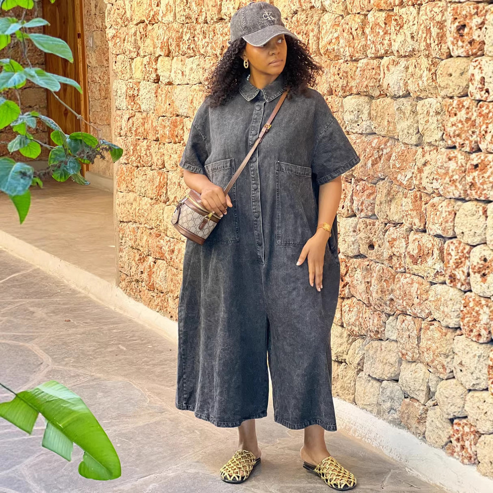 European and american style denim jumpsuit  cross-border foreign trade women's washed single-breasted short-sleeved loose jumpsuit