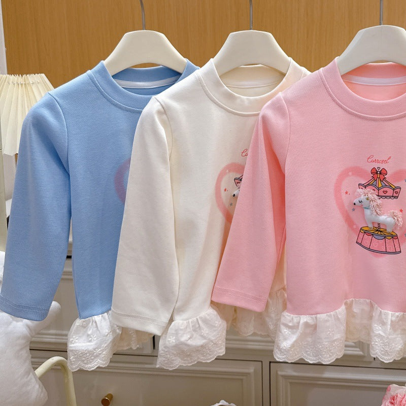 Springnew arrivalgirlk-style bottom sweatshirt baby girl kidsoutwear cartoon t-shirtlong sleevestops children's clothing