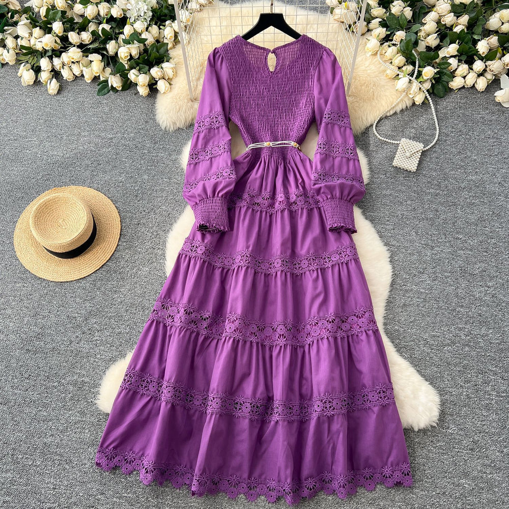 High-end elegant dress - spring  collection: french-inspired fashion with cutout lace, patchwork, cinched waist, and a flowy, vintage-style maxi skirt