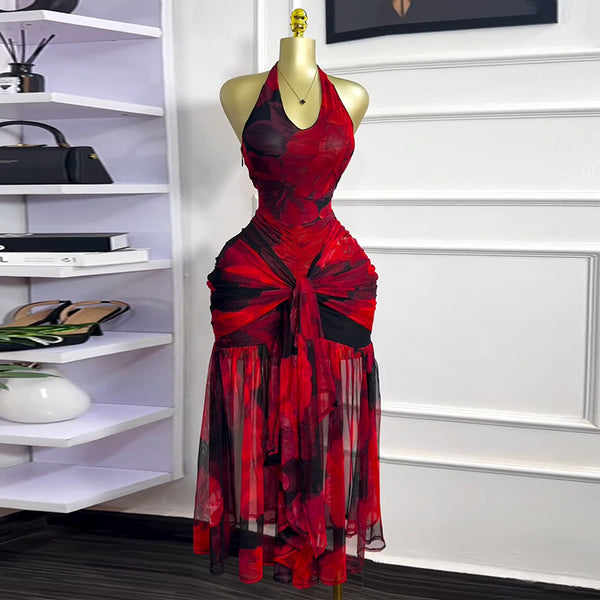 European and American women's clothing 2025 summer new sweet and fresh printed mesh yarn neck high-end temperament lace-up dress long dress