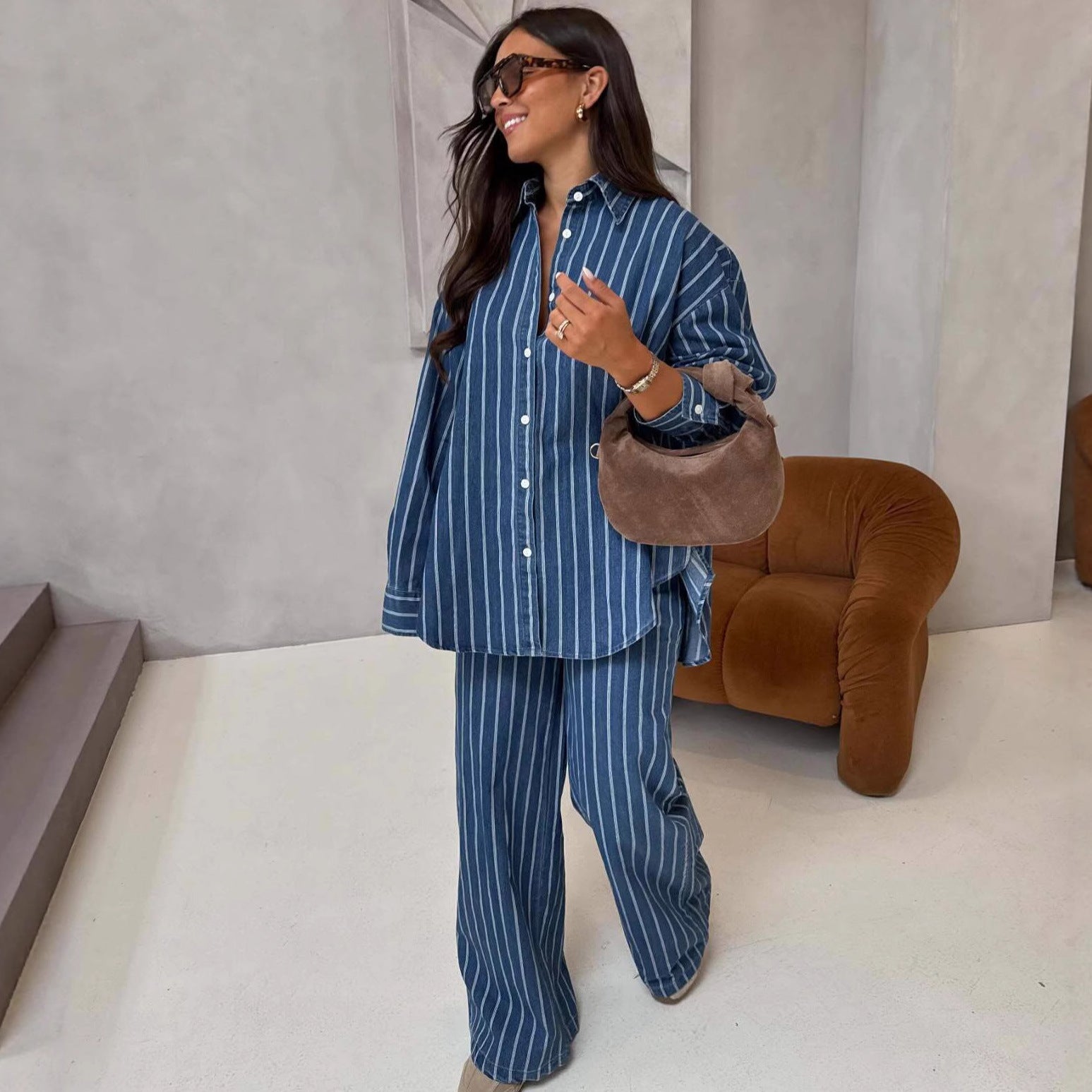 European and American long-sleeved casual lapel cardigan striped shirt women's African foreign style large size new women's trousers two-piece set
