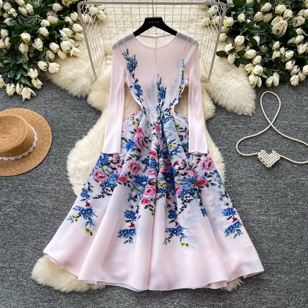 French romantic style printed stretch dress - women's summer long sleeve slim fit a-line dress - high-end commute dress