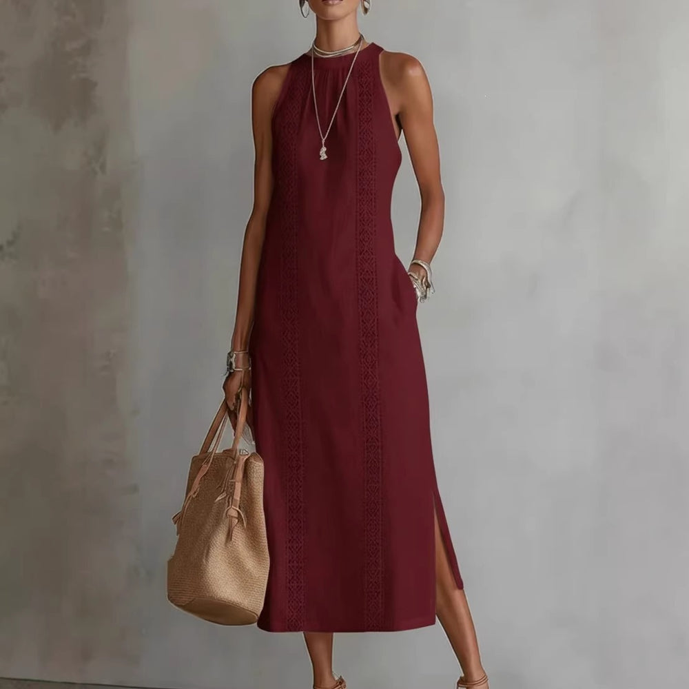 spring collection: european & american -style halter neck sleeveless dress - solid color lace trim, perfect for vacation