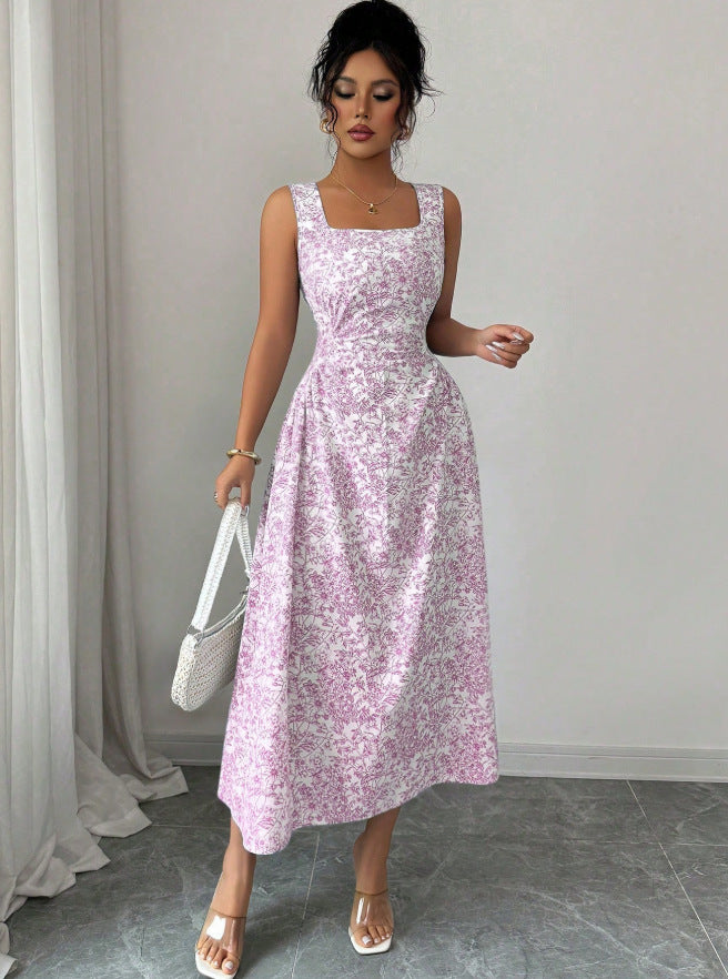 European and american cross-border  bohemian beach vacation floral print backless bow sleeveless mini dress