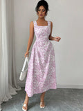 European and american cross-border  bohemian beach vacation floral print backless bow sleeveless mini dress