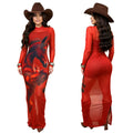 C7716 cross-border   fashion women's sexy mesh print rhinestone dress set