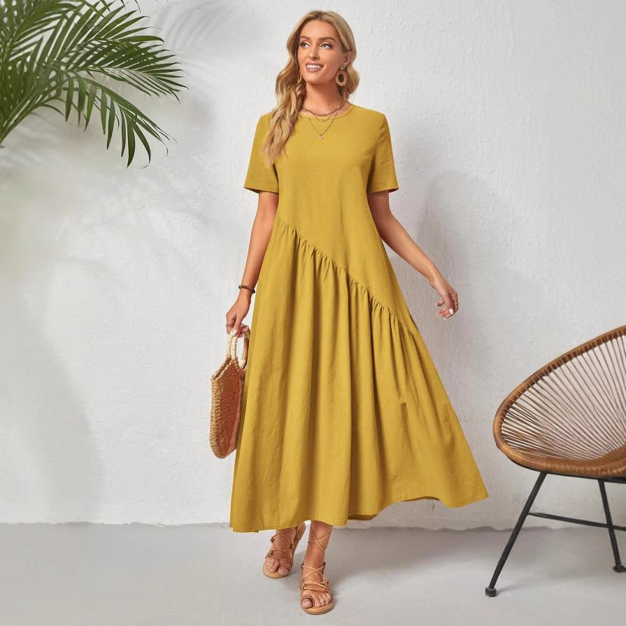 Amazon   new arrivals: european and american style solid color crew neck short sleeve loose pleated dress - ready to ship