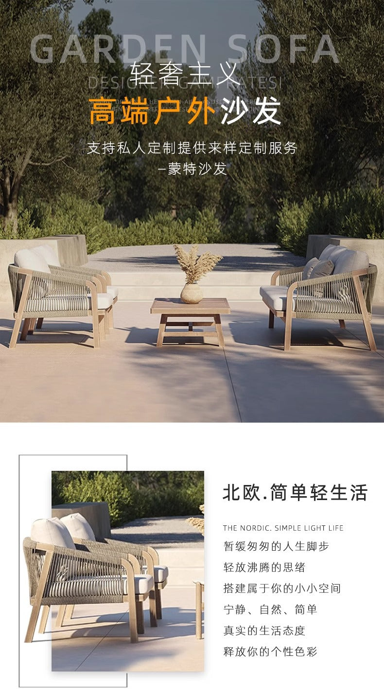 Hangkai american scandinavian teak rattan outdoor sofa hotel open-air light luxury rustic sofa outdoor table and chair set