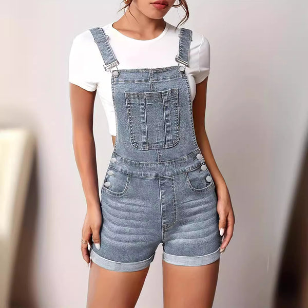 Cross-border  European and American women's overalls, pockets, slim-fit one-piece overalls, denim shorts