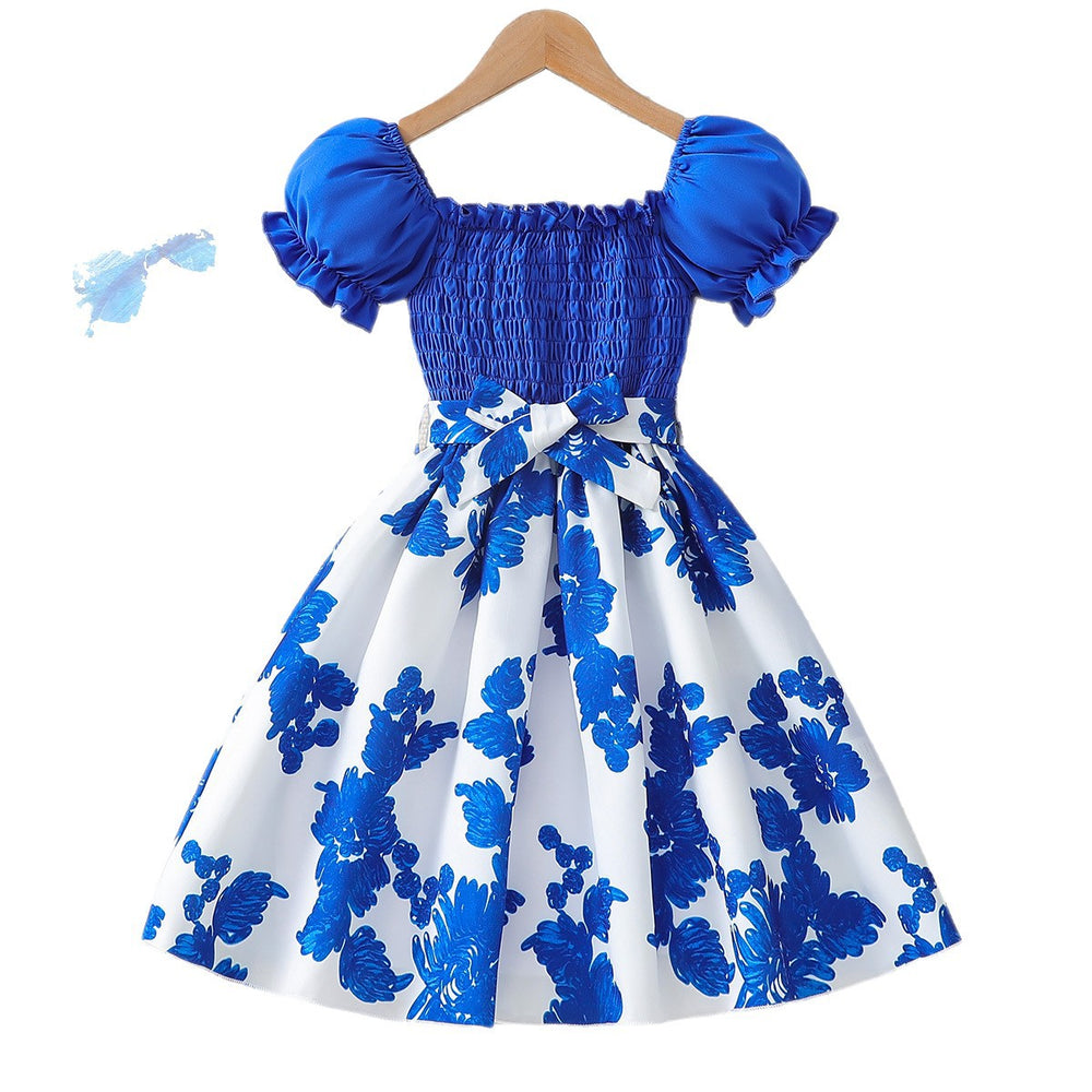 girldress blue lantern sleeves with belt patchwork a-line skirt printingkidssummerworkwear skirt