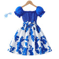 girldress blue lantern sleeves with belt patchwork a-line skirt printingkidssummerworkwear skirt