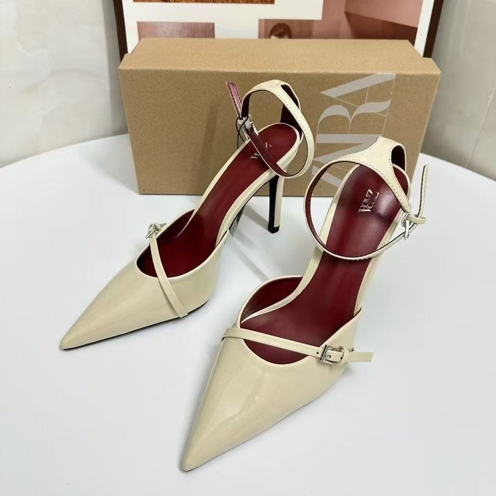 Za2025 summer new pointed-toe stiletto heels - wine red patent leather, single buckle, thin strap women's high heels