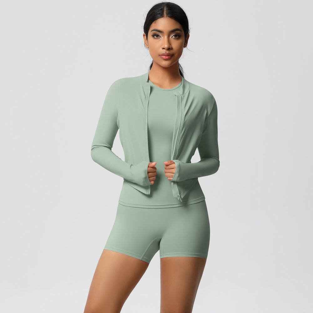 European and american nude feel cardigan jacket, crew neck short sleeve t-shirt, casual yoga set, running sports fitness three-piece outfit