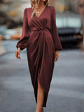 women's new slit dress - spring/summer lantern sleeve irregular long sleeve satin maxi dress