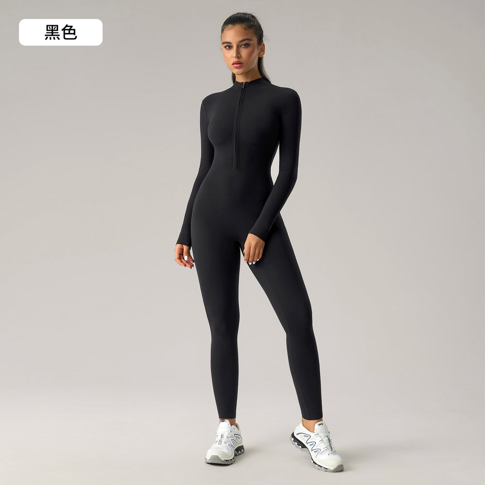 European and american high-stretch bodysuit yoga outfit - half-zip long sleeve workout suit - peach lift butt yoga leggings dlt002