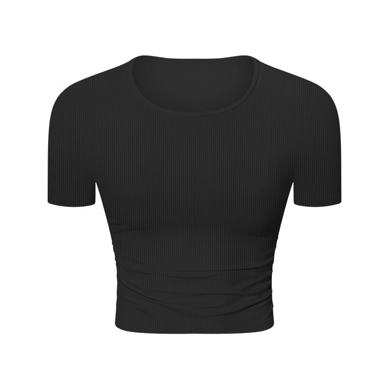 Spr ribbed micro-pleated waist short sports short-sleeved high-elastic naked-slim silmslimming look yoga topsds374