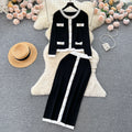 Xiaoxiangfeng round neck metal buckle knitting shirt for women new arrivalsweater tight hip skirt fall and wintertwo-piece set