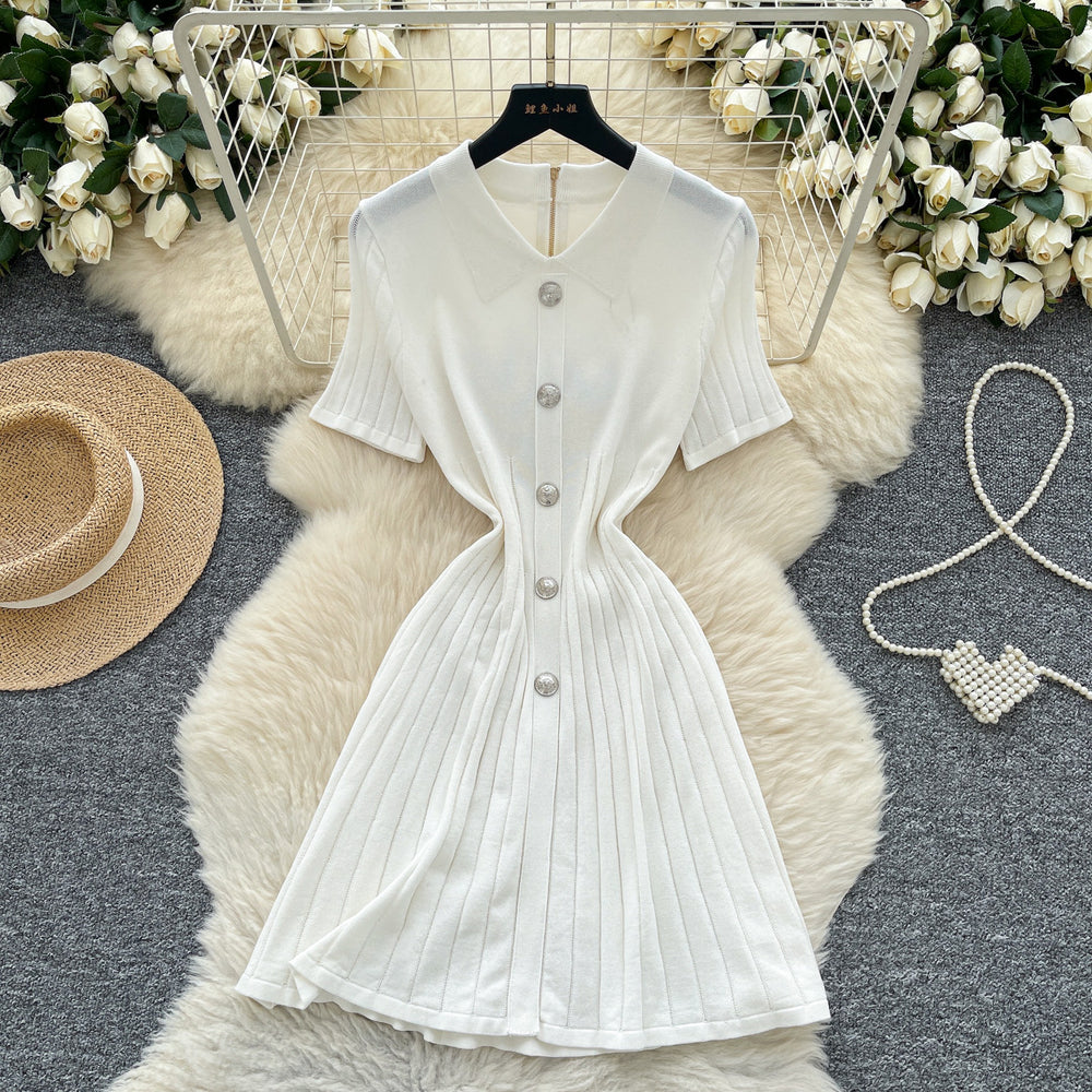 French retro polo collar short sleeve metallic button waist slimming knitted dress - women's summer chic & age-defying mini dress