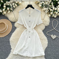 French retro polo collar short sleeve metallic button waist slimming knitted dress - women's summer chic & age-defying mini dress
