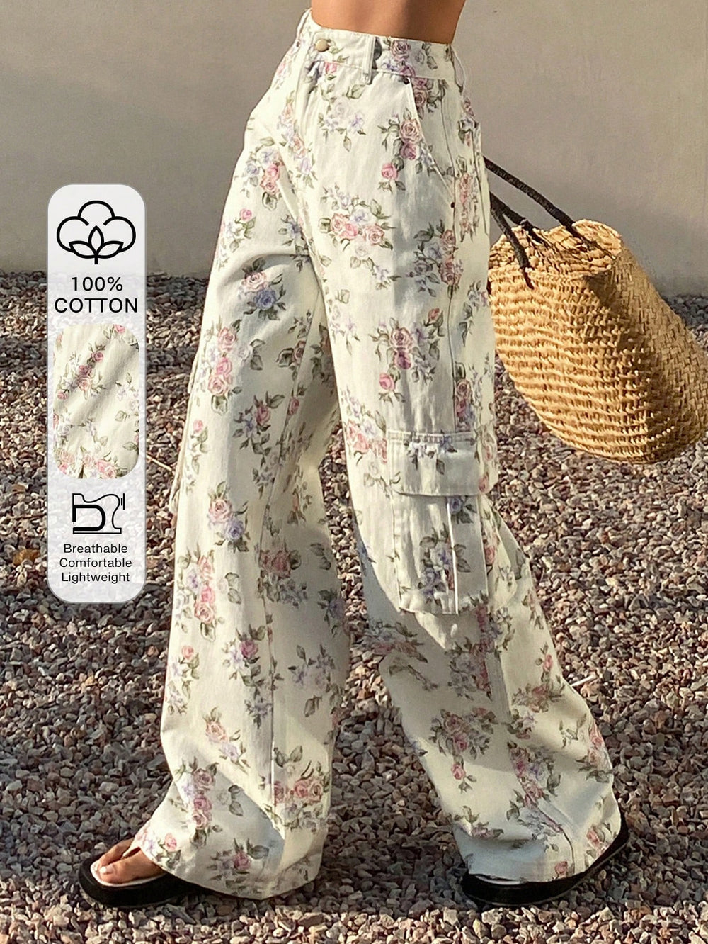 European and american style women's all-cotton floral print cargo wide-leg jeans - high-waisted, loose fit, straight leg, casual, floor-length trousers
