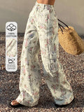 European and american style women's all-cotton floral print cargo wide-leg jeans - high-waisted, loose fit, straight leg, casual, floor-length trousers