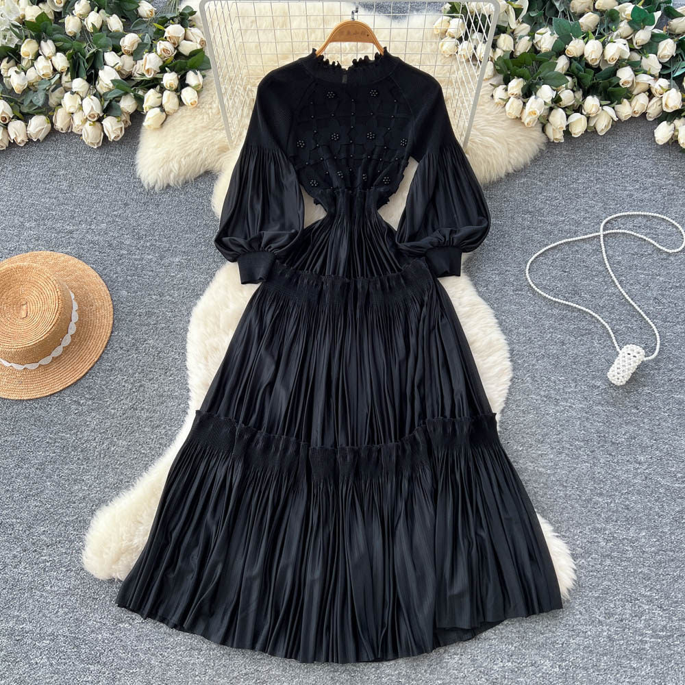 Frenchretro lantern sleeve pleateddress women's waist slimming lookk-style a-line long skirt lady style layered long skirt