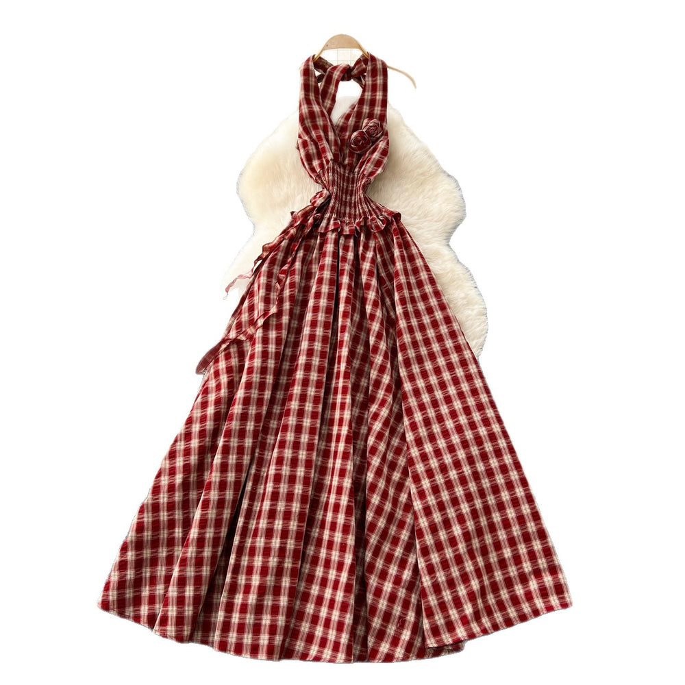 French chic fairycore dress - women's summer 3d floral halter neck cami dress with cinched waist and elegant flared plaid maxi skirt