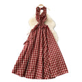 French chic fairycore dress - women's summer 3d floral halter neck cami dress with cinched waist and elegant flared plaid maxi skirt