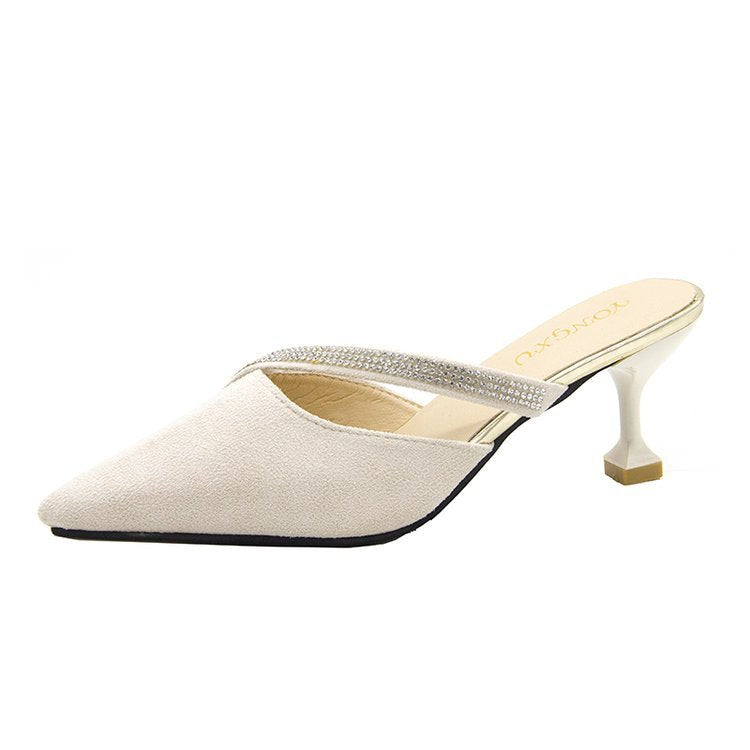 Foreign trade wholesale thin heel cool slippers women's 2023 new bag head pointed rubber thin heel high heel suede cool slippers women