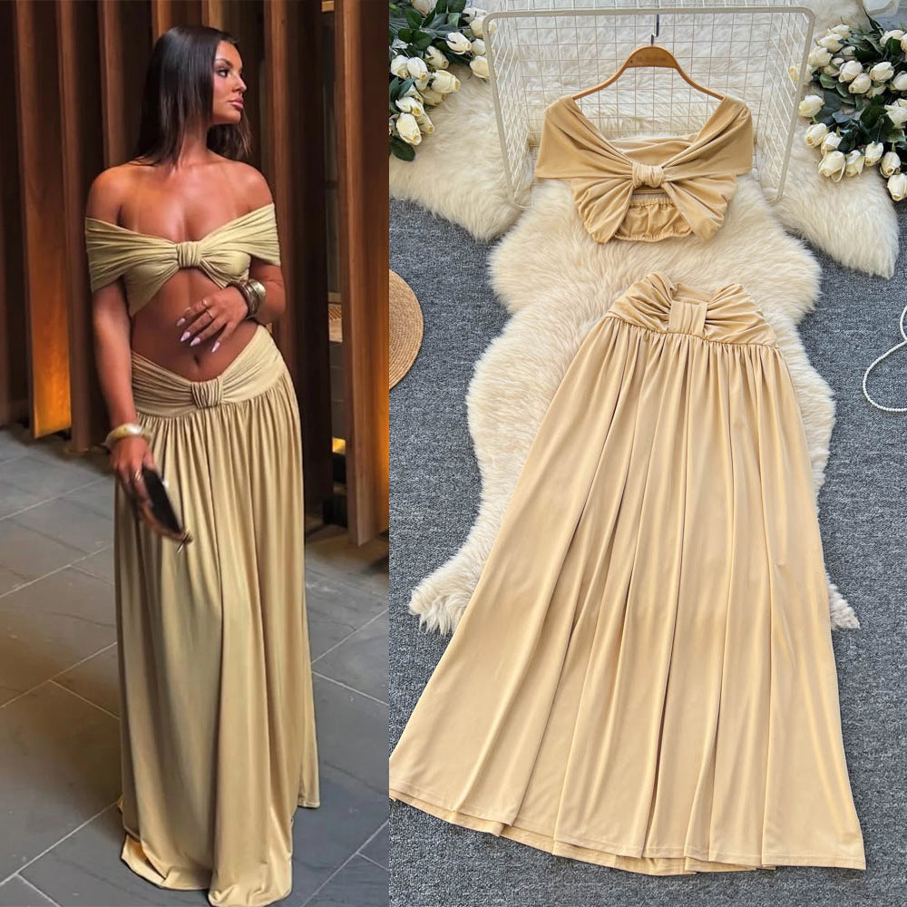 spring new french sexy one-shoulder cropped top and ruched midi skirt vacation outfit set