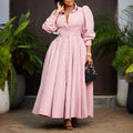 D570 cross-border women's elegant long-sleeve a-line shirt dress - stylish solid color mid-length african dress