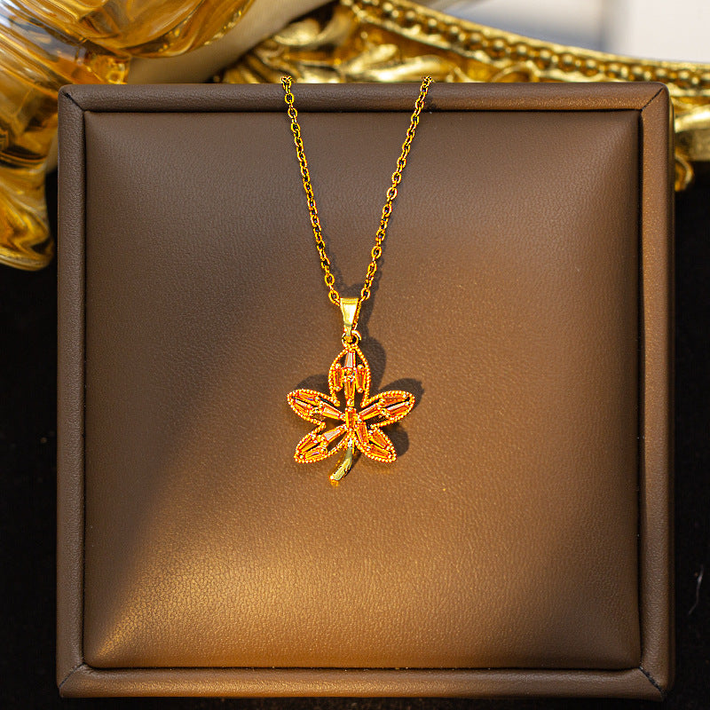 [titanium steel] copper plated real gold pendant micro-embedded classy sense maple leaf necklace women's niche design sweater chain jewelry