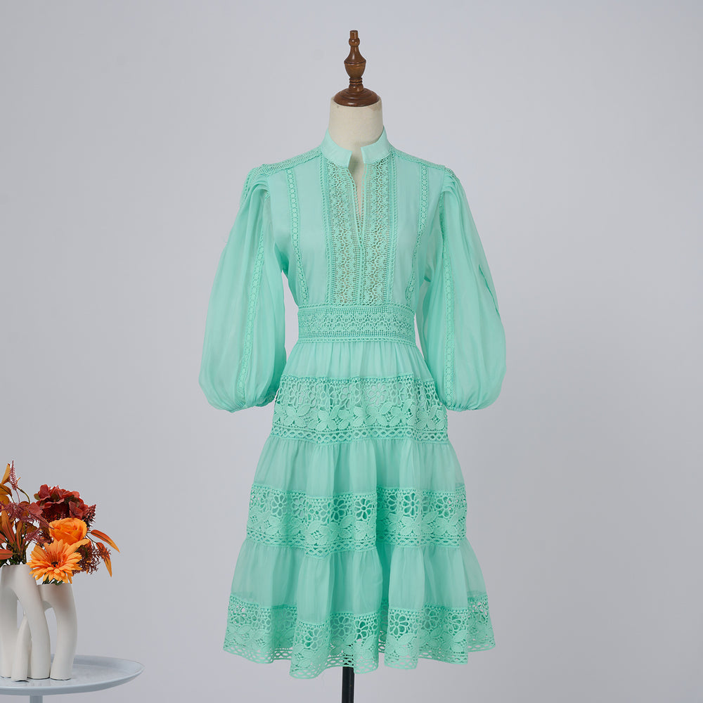 export solid color organza dress with semi-open collar, lantern sleeves, mid-sleeve, lace patchwork, and cinched waist mini dress