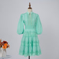 export solid color organza dress with semi-open collar, lantern sleeves, mid-sleeve, lace patchwork, and cinched waist mini dress