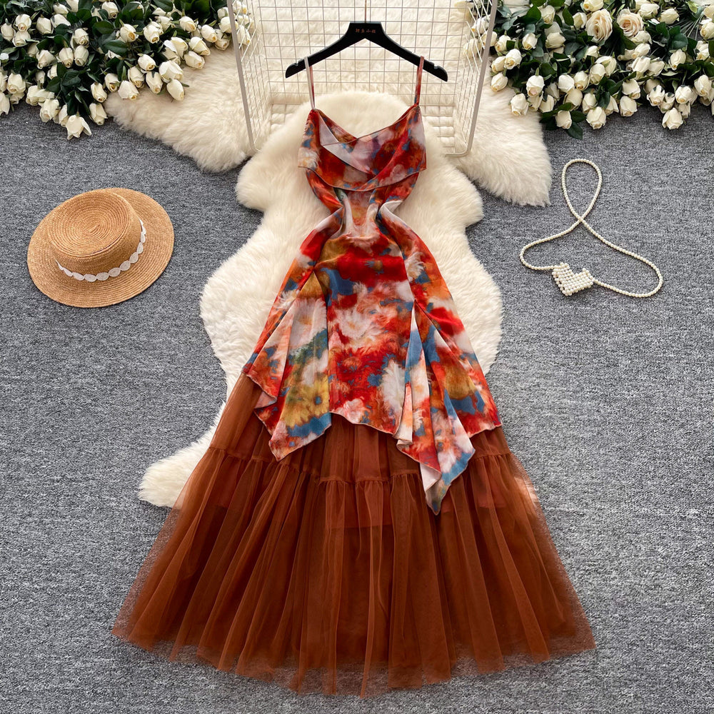 Vacation style smudged printing mesh suspender dress women's summerk-stylehigh waistelegant large swing long skirtwork clothing