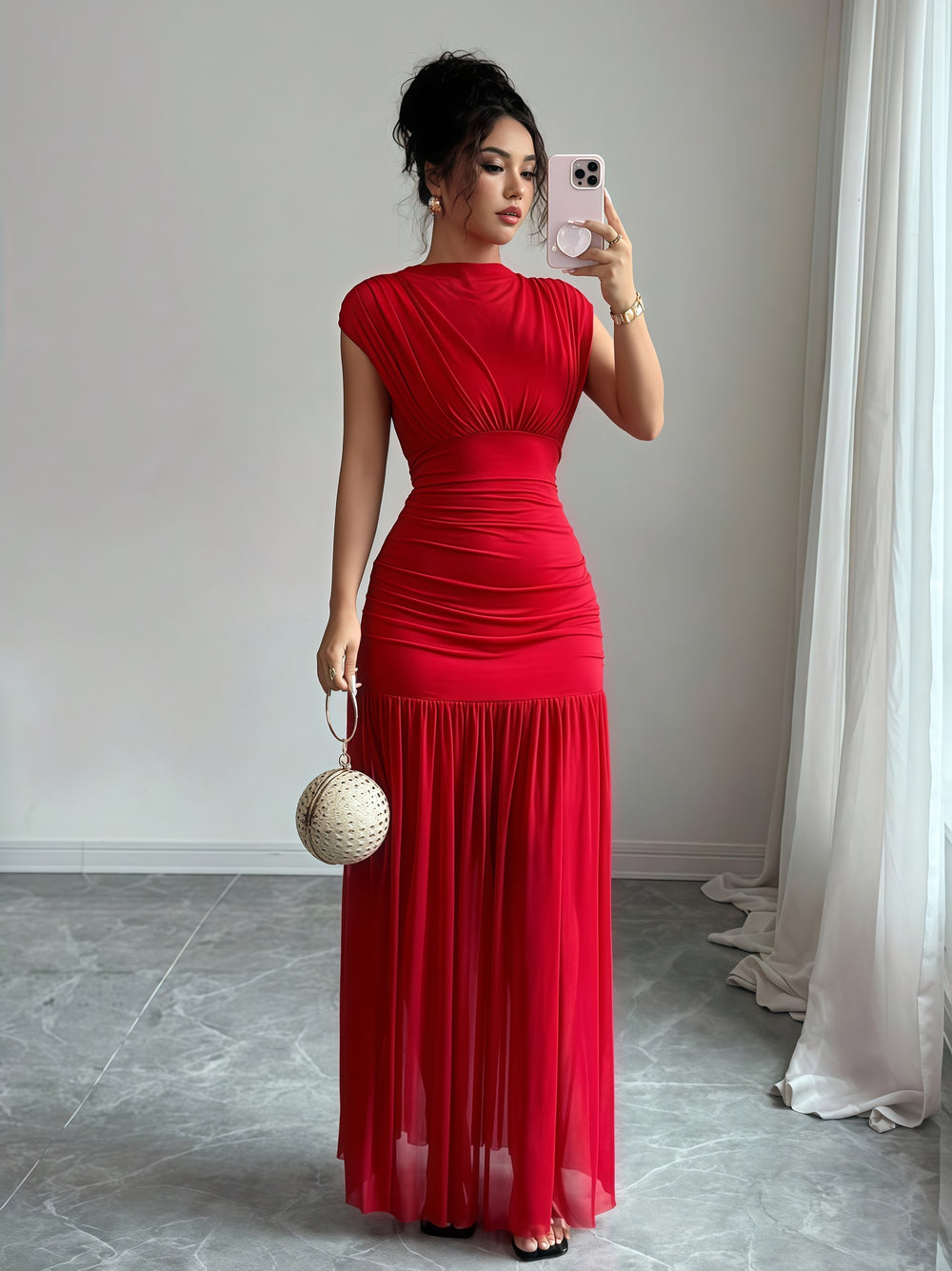 European and american cross-border women's fashion:  autumn new arrival - solid color round neck flutter sleeve cinched waist ruched elegant long dress