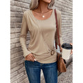 women's button-front long sleeve top - round neck ruched casual tee
