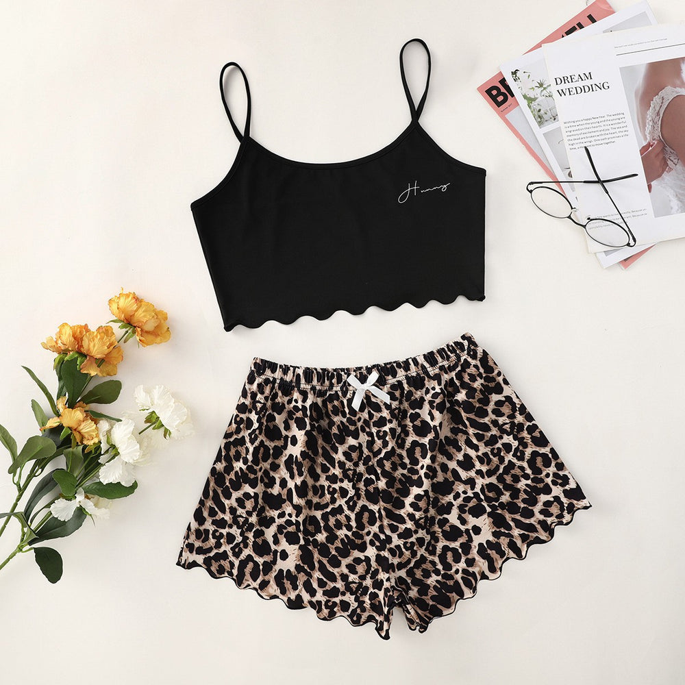 European and american cross-border new arrival: letter "honey" print camisole top & leopard print shorts women's loungewear set