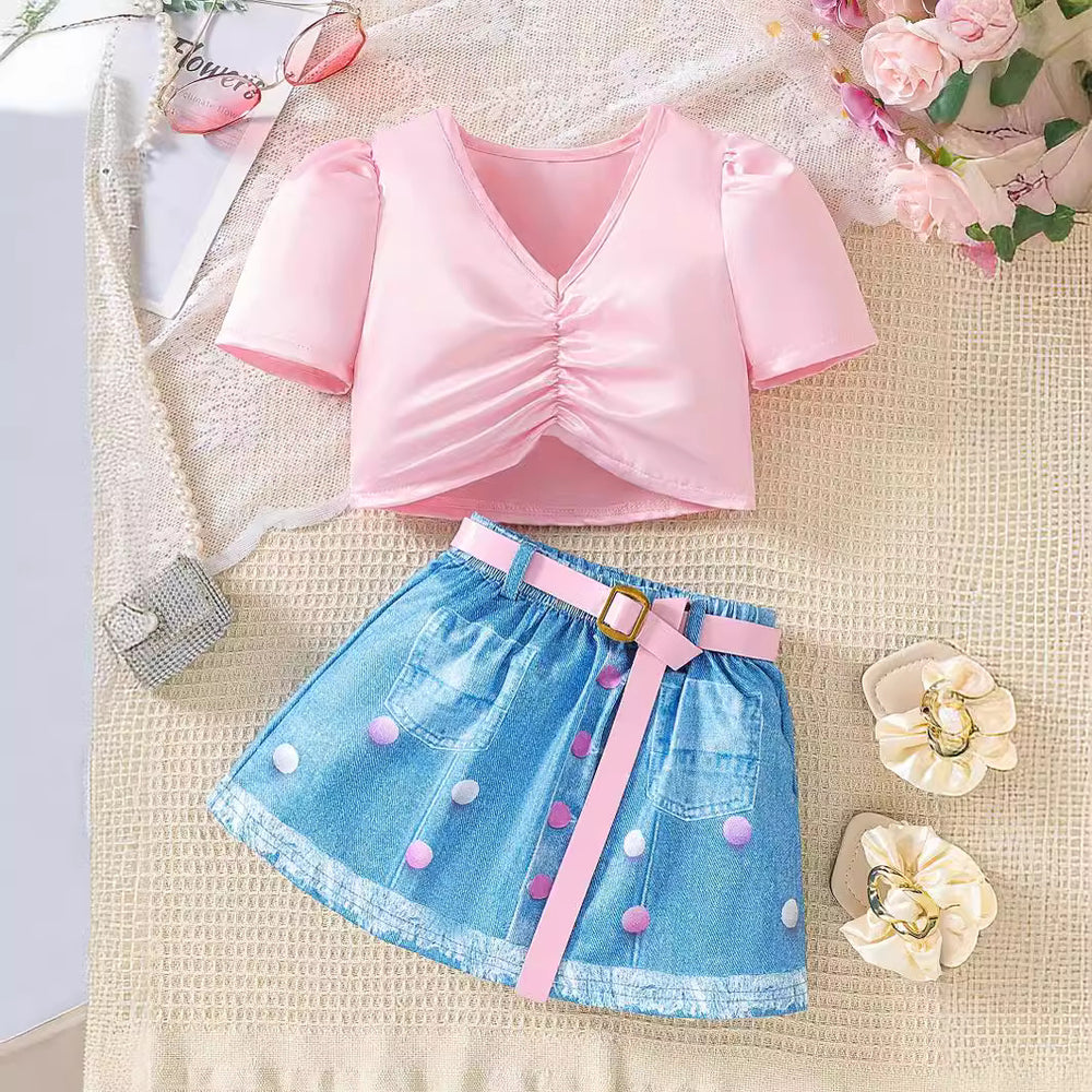 foreign trade exclusive children's pure color v-shaped pleated tops + imitation denim skirt children's suit