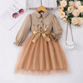 Girls' dress for toddlers and young children, featuring a collared, long-sleeved top paired with a mesh skirt