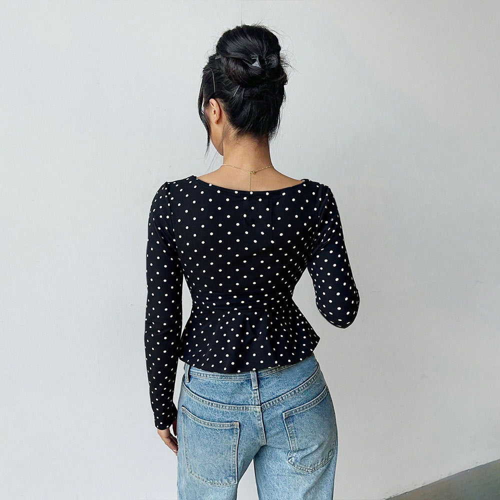 Polka dot v-neck fitted long sleeve t-shirt - women's chic & sexy slimming base layer top - cross-border exclusive