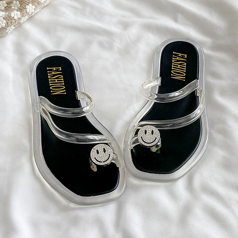 European and american fashion rhinestone smiley face flip-flops, transparent beach sandals, slimming summer outerwear, versatile casual slides