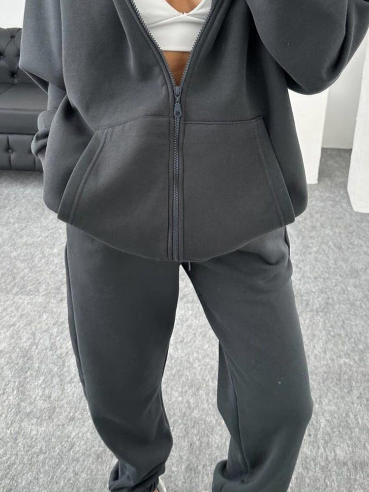 European and American independent station  autumn and winter  women's clothing fashion long-sleeved hooded sports cardigan casual trousers set