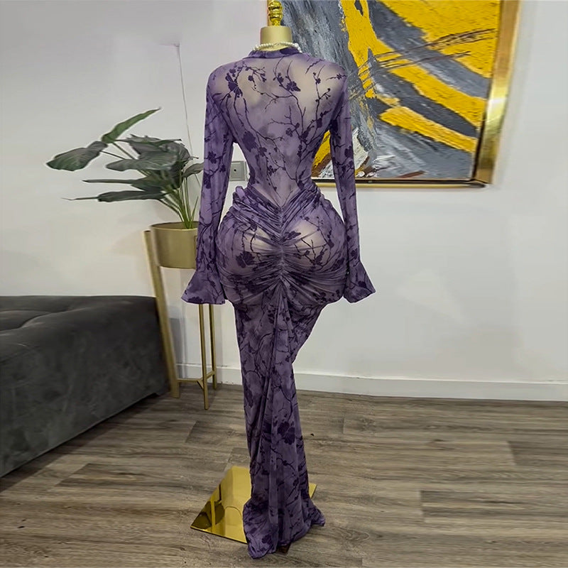 European and american cross-border women's fashion:  autumn new sexy purple print see-through bodycon dress with camisole two-piece set