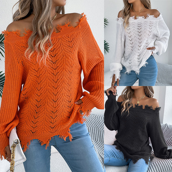 Real shot 2025 autumn and winter European and American solid color hollow long-sleeved cut off shoulder pullover sweater, independent station  women's clothing