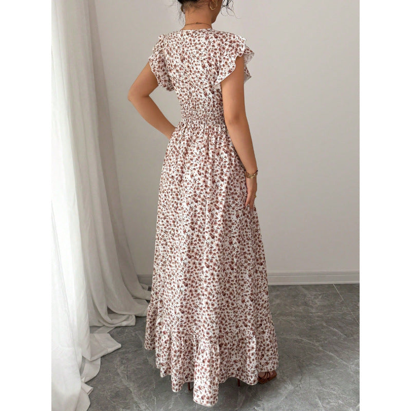 Shipped: cross-border european and american women's summer floral maxi dress with ruffle trim, v-neck, short sleeves, and a-line silhouette