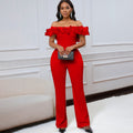 D523  european and american style sexy bodycon solid color off-the-shoulder ruffle trim short sleeve jumpsuit